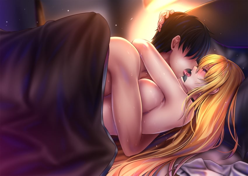 akeyama_kitsune azur_lane bed big_breasts blonde_hair breasts choker closed_eyes commander_(azur_lane) embrace embracing eye_contact female_on_bottom french_kiss girl_on_bottom hand_on_another's_head happy_sex head_grab hug implied_sex interracial kissing large_breasts light-skinned_female light-skinned_male light_skin long_hair looking_at_another male male_on_top man_on_top missionary north_carolina_(azur_lane) nude on_bed pale-skinned_female pale_skin passionate pillow romantic romantic_sex sex side_view sweat under_covers