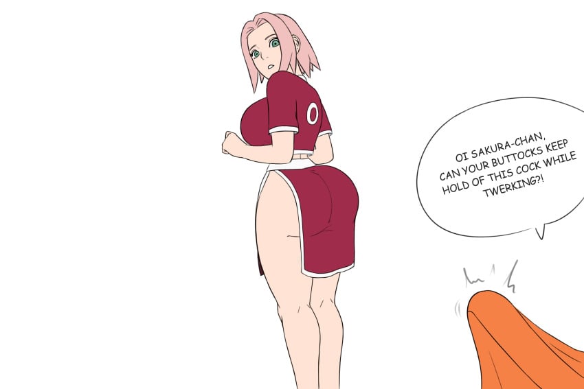 1boy 1girls big_ass biggies00 boner bottom_heavy erection erection_under_clothes female_focus from_behind green_eyes huge_ass long_hair looking_at_partner looking_at_penis looking_back male/female naruto naruto_(classic) naruto_(series) penis pink_hair sakura_haruno sakura_haruno(genin) speech_bubble standing straight talking talking_to_partner text unseen_male_face uzumaki_naruto