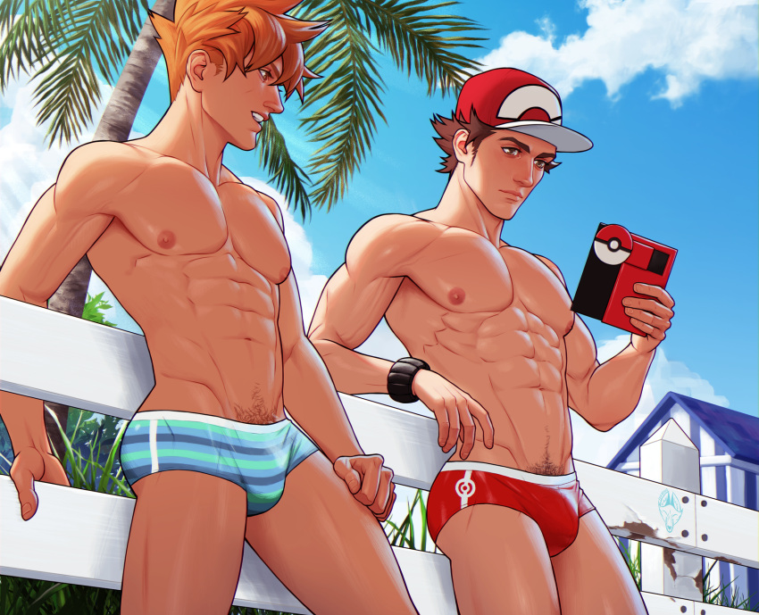 2boys abs blue_(pokemon) blue_oak bulge foxbravo human human_only male male_only muscular outside pokemon pubes red_(pokemon) speedo speedo_only swimwear