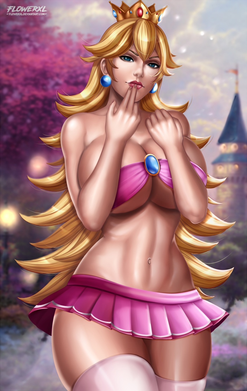 1girls alternate_breast_size alternate_version_available arms_on_breasts artist_logo ball_earrings blonde_hair blue_earrings blue_eyes breasts castle_background cleavage covering_nipples crown detailed_background elbow_gloves female female_focus female_only flowerxl garter_belt gold_crown hand_on_breast hand_on_mouth huge_breasts huge_image human long_hair looking_at_viewer mario_(series) nintendo pink_bra pink_lipstick pink_skirt princess princess_peach ribbon_bra seductive send_kiss solo thick_body thick_thighs thighhighs widescreen