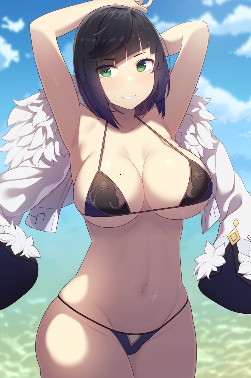 1girls 2022 armpits arms_above_head arms_up beauty_mark bikini black_bikini black_hair breasts female female_only genshin_impact green_eyes hips huge_breasts looking_at_viewer mole_on_breast naughty_face outdoors samegami short_hair slim_waist smile swimsuit thick_thighs thighs wide_hips yelan_(genshin_impact)