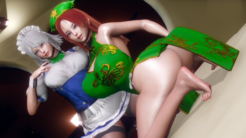 2girls ftnrmst hong_meiling huge_ass huge_breasts kneeling multiple_girls sakuya_izayoi spread_legs thick_thighs touhou wide_hips