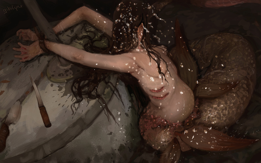 arms_behind_back bondage bound_wrists brown_hair dark_hair female female_only gibilynx gills long_hair mermaid monster_girl original painting painting_(artwork) pregnant restrained small_breasts solo torture water webbed_hands