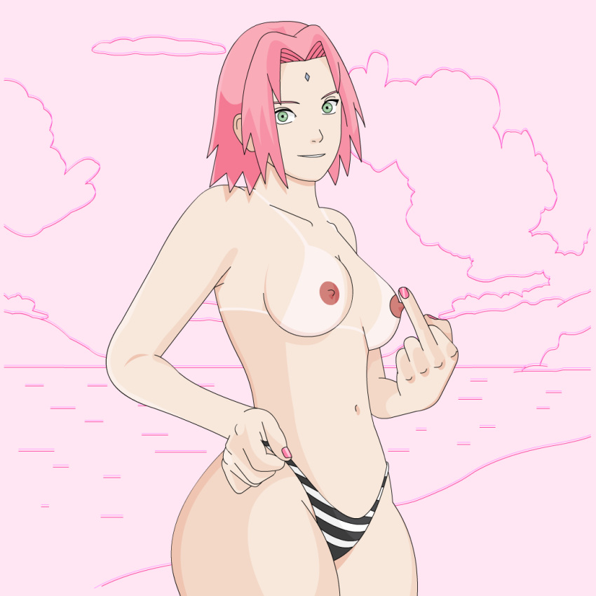 adjusting_swimsuit beach bikini bikini_bottom bikini_tan bottom_heavy breasts facial_mark female female_only fingernail_polish flipping_off forehead_mark green_eyes highleg highleg_bikini legs_together long_hair lrslink middle_finger nail_polish naruto naruto_(series) naruto_shippuden nipples outdoors sakura_haruno shore solo solo_focus striped striped_bikini stripes tanline thick_thighs topless wide_hips