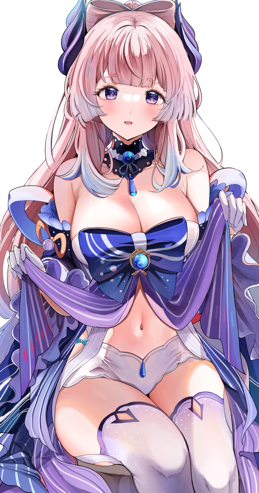 absurdres alternate_breast_size bangs bare_shoulders belly big_breasts blue_eyes blue_hair blush breasts cleavage detached_collar female genshin_impact gloves gradient_hair highres hourglass_figure huge_breasts large_breasts lifting_skirt long_hair looking_at_viewer midriff multicolored_hair open_mouth pink_hair ponytail purple_eyes sak_(lemondisk) sangonomiya_kokomi shorts smile solo thick_thighs thighhighs thighs voluptuous white_gloves white_legwear white_shorts wide_sleeves