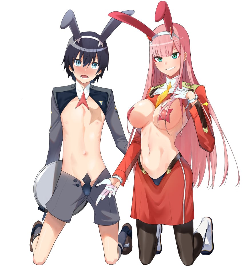 1boy 1girls asian_male barely_clothed barely_contained_penis barely_covered black_hair blush blushing blushing_at_viewer both_genders both_sexes_in_same_situation bulge bulge_through_clothing bunny_boy bunny_ears bunny_girl bunnysuit chicke_iii couple darling_in_the_franxx duo embarrassed female femboy green_eyes happy hiro_(darling_in_the_franxx) horny human imminent_sex large_breasts looking_at_viewer male mammal nipple_covers pink_hair plate presenting pussy_visible_through_clothes pussy_visible_through_panties scar small_bulge small_penis smile sweat sweatdrop sweating teasing zero_two_(darling_in_the_franxx)