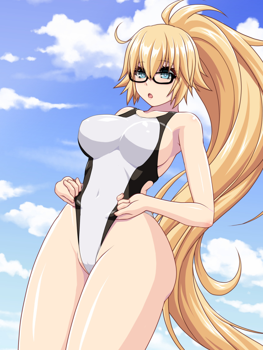 abu bespectacled blonde_hair blue_eyes breasts competition_swimsuit fate/grand_order fate_(series) glasses jeanne_d'arc_(fate) jeanne_d'arc_(swimsuit_archer) long_hair looking_at_viewer navel one-piece_swimsuit outside ponytail sideboob standing swimsuit swimsuit_pull tagme thighs tight_clothing very_long_hair