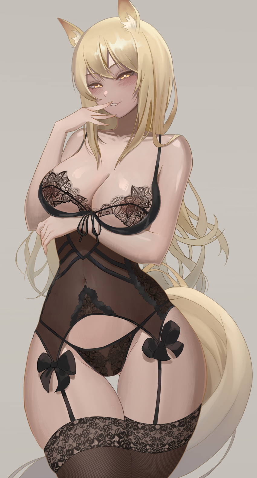 1girls 2021 absurdres animal_ears arknights arm_under_breasts ass_visible_through_thighs bangs black_bra black_panties blonde_hair bra breasts cleavage commentary female female_focus female_only finger_to_mouth garter_straps highres horse_ears horse_girl horse_tail lace large_breasts lingerie meowrim naughty_face navel nearl_(arknights) panties seductive_smile see-through smile solo solo_female tail thigh_gap thighs underwear