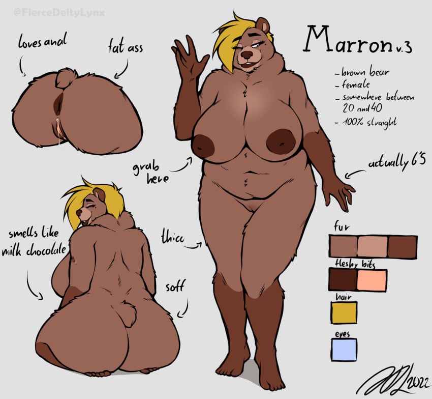 anthro anthro_only anus areola ass beauty_mark big_breasts big_butt blonde_hair bodily_fluids breasts brown_areola brown_bear brown_nipples english_text eyelashes female fiercedeitylynx genital_fluids genitals hair hi_res inverted_nipples mammal marron model_sheet nipples nude overweight overweight_anthro overweight_female pussy pussy_juice short_tail solo text ursid ursine wide_hips