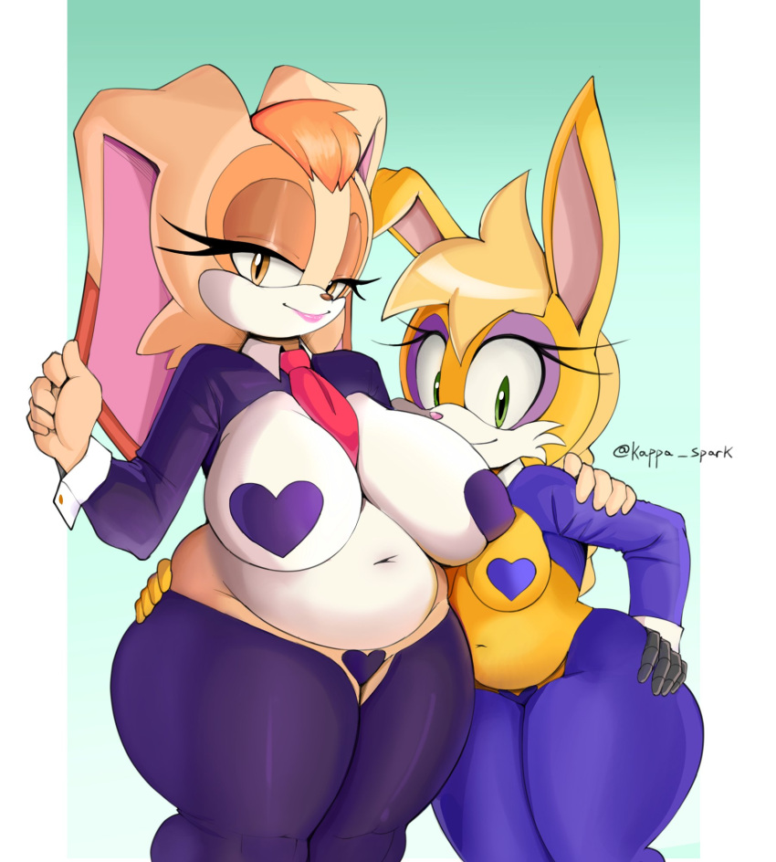 2girls anthro big_breasts breasts brown_eyes bunnie_rabbot bunny_ears eyelashes green_eyes hand_on_another's_hip hand_on_hip heart_pasties kappa_spark lipstick looking_at_viewer mature_female milf mother multiple_girls pasties rabbit rabbit_humanoid reverse_bunnysuit sega slightly_chubby sonic_(series) sonic_the_hedgehog_(series) thick_thighs vanilla_the_rabbit voluptuous wide_hips