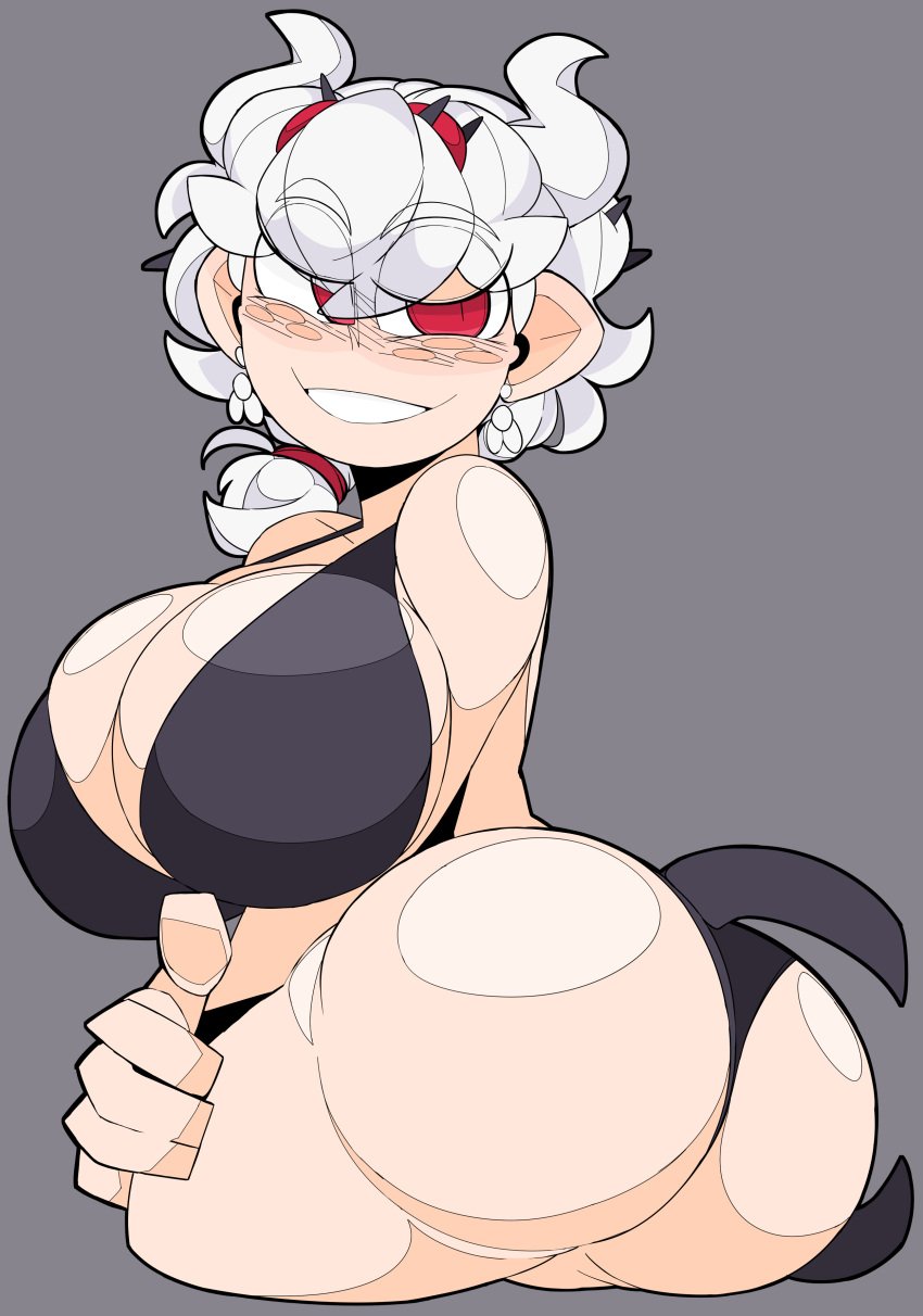 ass beelzebub_(helltaker) bikini black_bikini breasts cleavage demon_girl demon_horns demon_tail earrings freckles helltaker large_breasts looking_at_viewer red_eyes short_hair tagme thighs toohandy white_hair