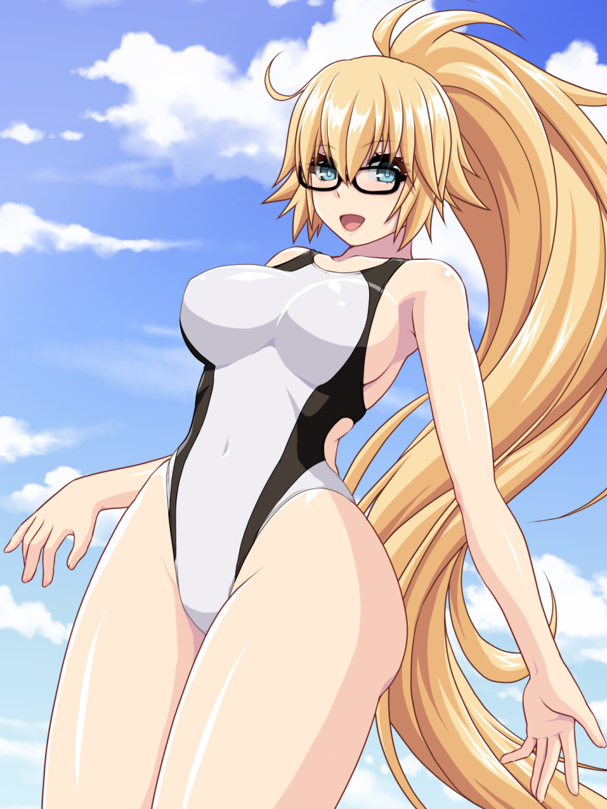 abu bespectacled blonde_hair blue_eyes breasts competition_swimsuit fate/grand_order fate_(series) glasses jeanne_d'arc_(fate) jeanne_d'arc_(swimsuit_archer) long_hair looking_at_viewer navel one-piece_swimsuit outside ponytail sideboob standing swimsuit tagme thighs tight_clothing very_long_hair