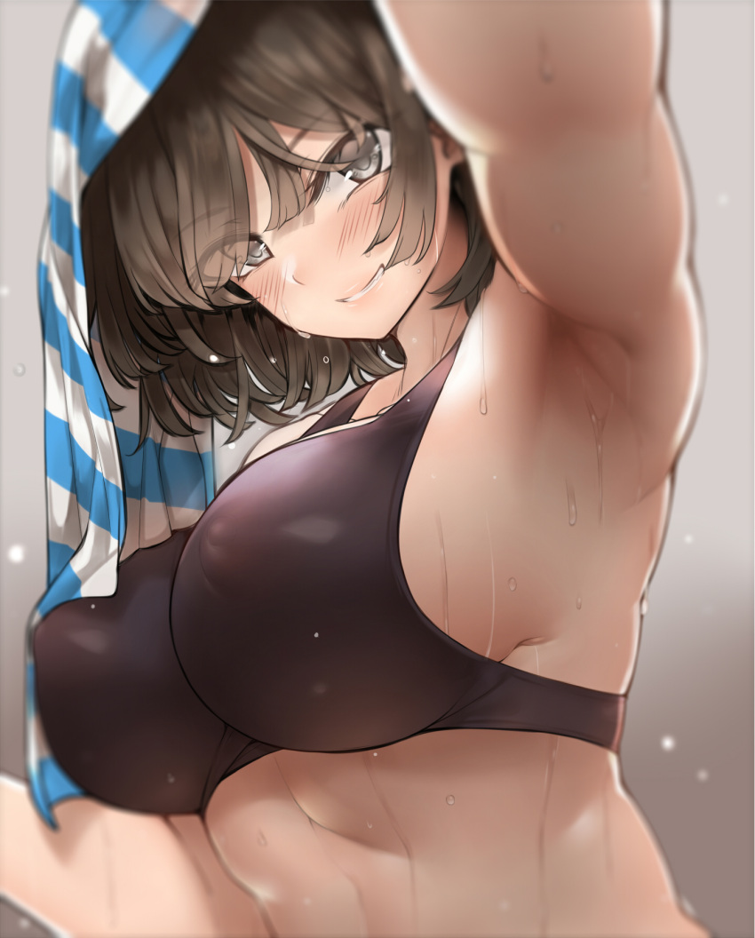 1girls 2019 armpit armpits bababababan bangs blush breasts brown_hair covered_nipples female female female_focus female_only grey_eyes grin highres looking_at_viewer original see-through short_hair smile solo solo_female sports_bra sweat towel towel_on_head