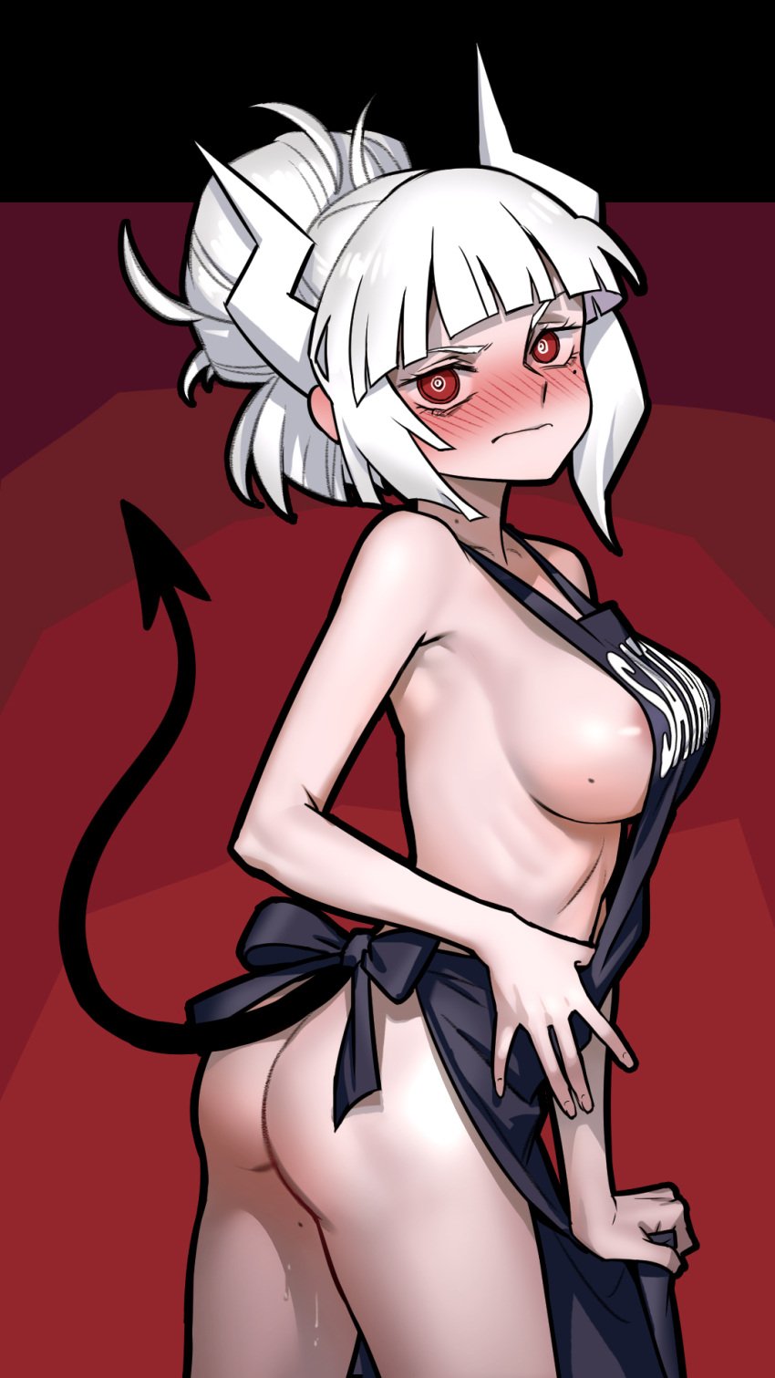 apron areola_slip areolae as109 ass bangs black_apron black_tail blush blushing_at_viewer breasts deep_blush demon_girl demon_tail embarrassed female from_behind helltaker highres horns long_hair looking_at_viewer looking_back lucifer_(helltaker) medium_breasts naked_apron ponytail red_eyes sideboob solo standing sweat tail white_hair white_horns