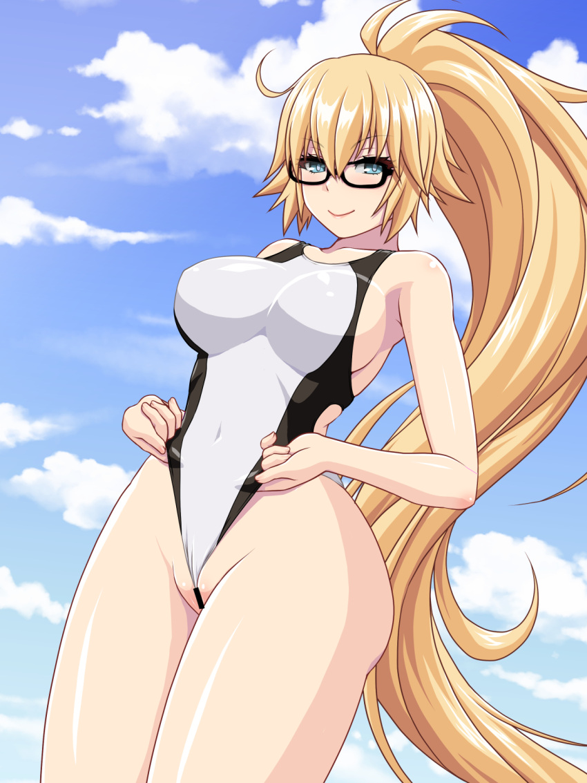 abu bespectacled blonde_hair blue_eyes breasts censored competition_swimsuit fate/grand_order fate_(series) flossing glasses jeanne_d'arc_(fate) jeanne_d'arc_(swimsuit_archer) long_hair looking_at_viewer navel one-piece_swimsuit outside partially_visible_vulva ponytail pussy pussy_peek sideboob standing swimsuit swimsuit_pull tagme thighs tight_clothing very_long_hair