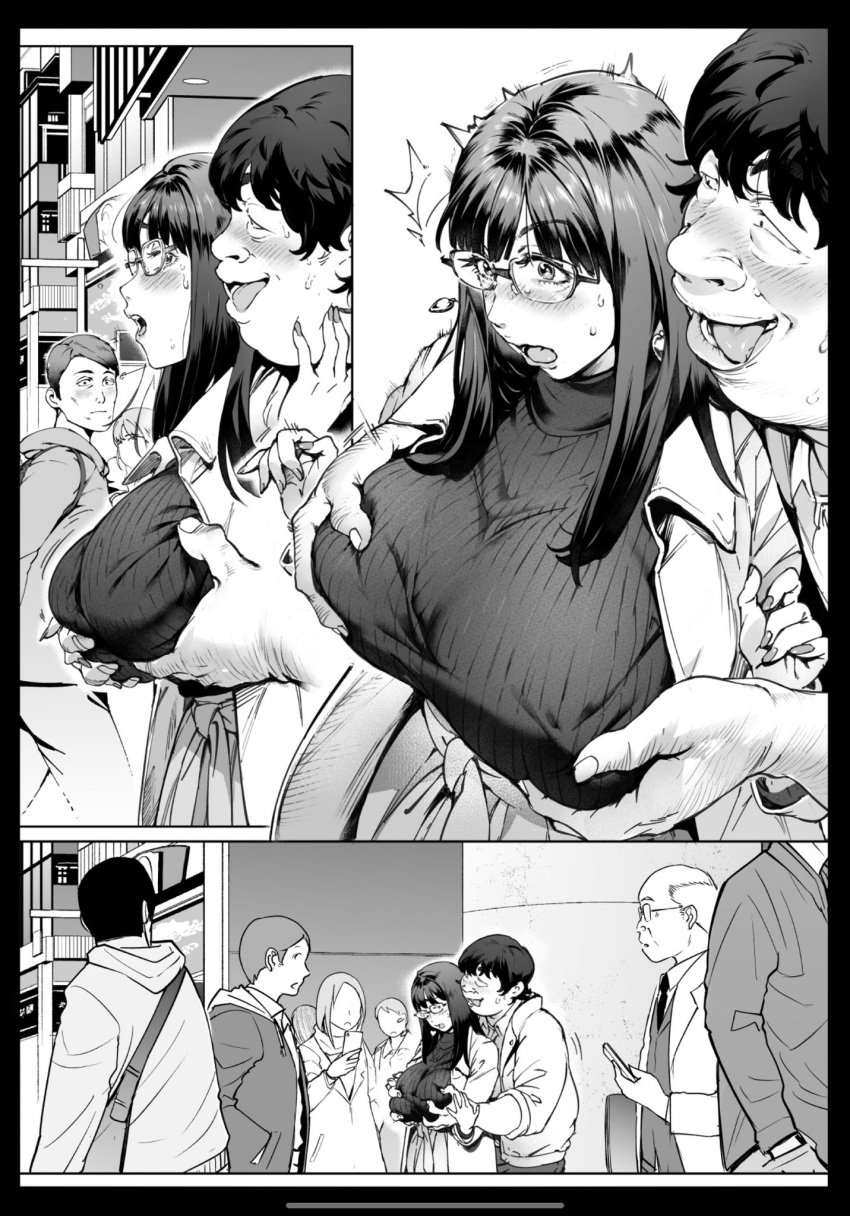 1girls breast_grab breasts busty city coat comic crowd fat_bastard fat_man glasses grabbing_from_behind greyscale groping hi_res huge_breasts monochrome original orushibu public public_humiliation smile staring surprised sweatdrop sweater tongue tongue_out turtleneck ugly_bastard ugly_man