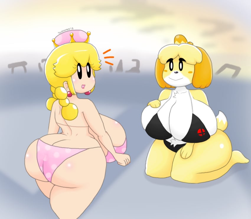 2girls animal_crossing anthro ass backboob big_ass big_breasts big_butt big_thighs bikini black_bikini black_eyes blonde_hair breasts crossover crown dat_ass duo earrings female female_only hand_on_breast huge_ass huge_breasts huge_butt huge_thighs human isabelle_(animal_crossing) kneeling large_ass large_breasts large_butt large_thighs light-skinned_female light_skin lips lipstick looking_at_viewer looking_back looking_back_at_viewer mario_(series) multiple_girls new_super_mario_bros._u_deluxe nintendo on_knees open_mouth peachette pink_bikini polka_dot_bikini string_bikini super_crown super_smash_bros. tail thick thick_ass thick_hips thick_thighs toadette touhoufan twintails white_fur yellow_fur