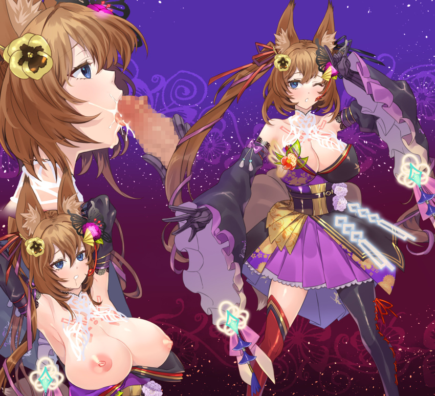 areolae armpits arms_behind_head blue_eyes brown_hair caleen_keemosn dripping_semen fellatio female flower_hair_ornament fox_ear fox_gesture fox_girl fox_tail gradient_background hair_ribbon huge_breasts idol idol_clothes lace lace_background looking_at_another looking_to_the_side mosaic_censoring multiple_tails nipples one_eye_closed penis pose runes semen_in_mouth star_ocean star_ocean_anamnesis starry_background tac thigh_boots twintails very_long_hair yellow_flower