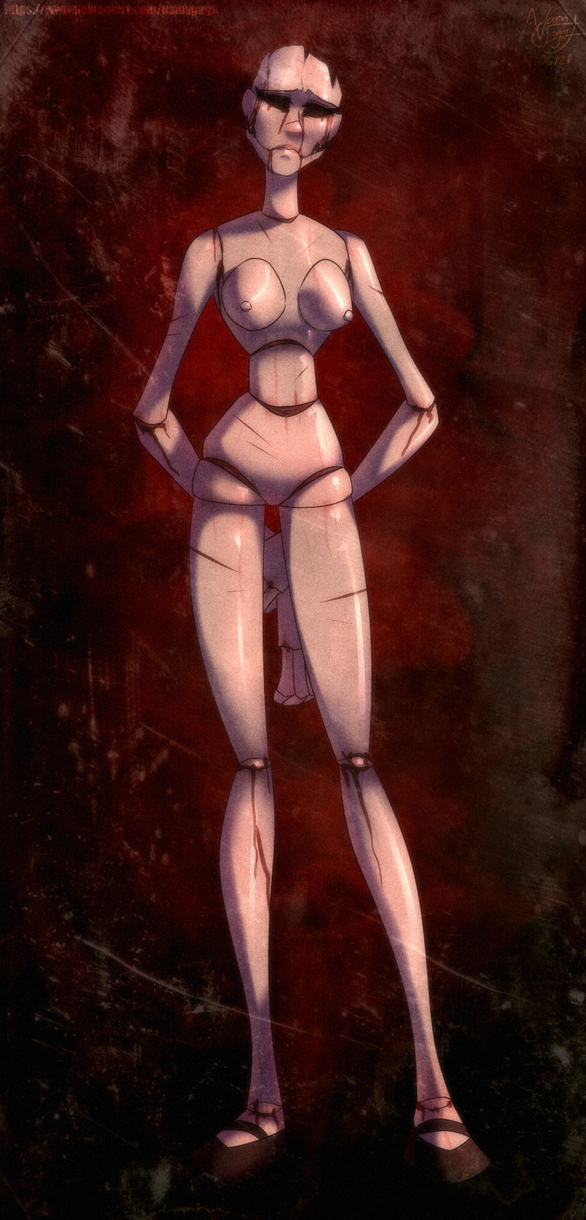 arms_behind_back cracks doll doll_joints eyeless female female_only full_body horror humanoid looking_at_viewer mary_janes medium_breasts monster monster_girl naked_footwear namygaga nude scarlet_fitch silent_hill silent_hill_homecoming solo standing_sex tall_female thin_waist