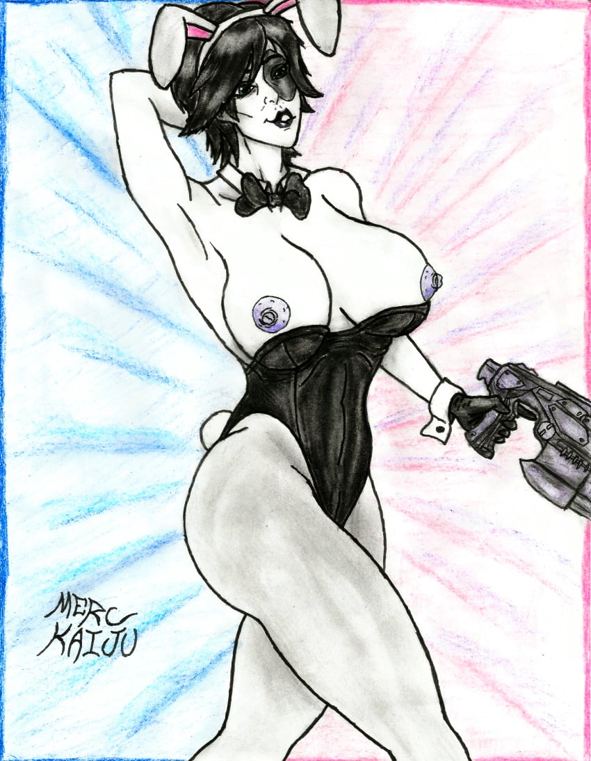 1girls arm_behind_head armpit big_breasts black_gloves black_hair black_lips blue_eyes bowtie breasts breasts_exposed breasts_out bunny_costume bunny_ears bunny_girl bunny_tail bunnysuit cleavage colored_background curvaceous curvy curvy_body curvy_female curvy_figure domino_(marvel) fanart female gloves gun handgun holding_gun holding_weapon large_breasts legs marvel marvel_comics merc_kaiju neena_thurman nipples pale-skinned_female pale_skin self_upload shiny_hair short_hair solo solo_female thighs tight_clothing tights traditional_art traditional_media_(artwork) trigger_discipline weapon white_skin x-force x-men