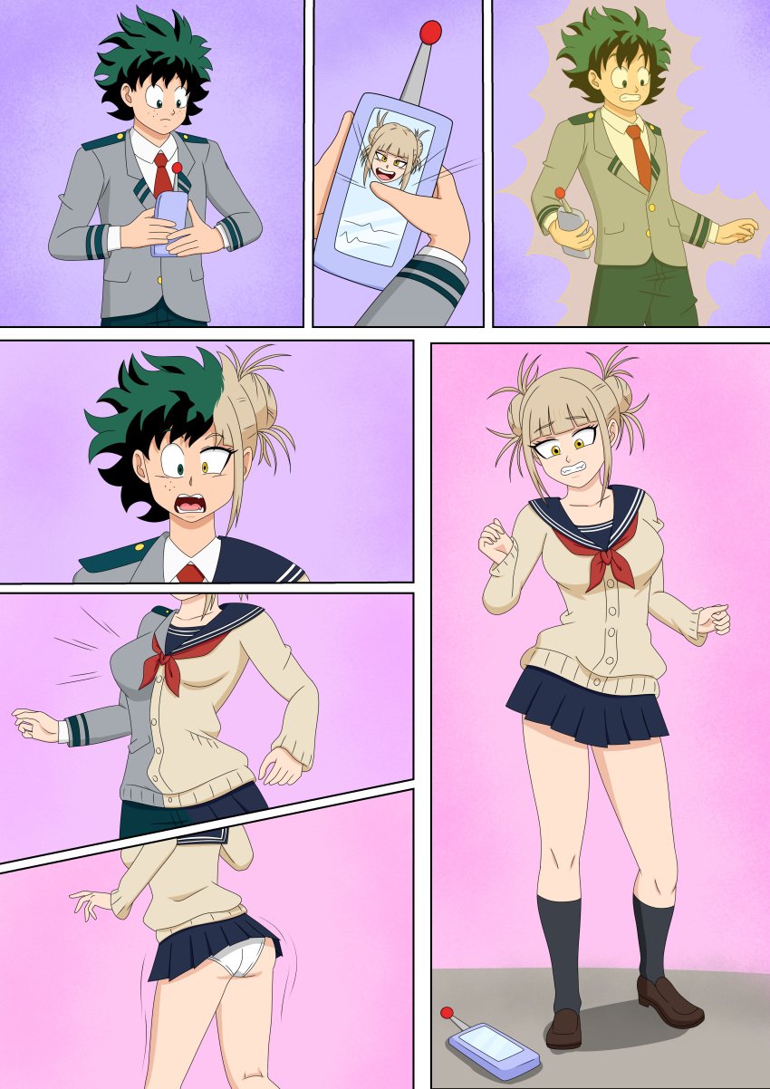 ass_expansion black_socks blonde_hair breast_expansion brown_loafers eye_color_change fangs gender_transformation genderswap_(mtf) ginyu1992 hair_color_change himiko_toga izuku_midoriya knee_socks kneehighs kneesocks loafers mtf_transformation my_hero_academia panties rule_63 school_uniform schoolgirl serafuku socks transformation yellow_eyes