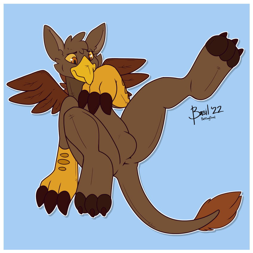 after_transformation anthro anus avian batboybasil beak bulge claws digital_media_(artwork) embarrassed feathered_wings feathers gryphon hi_res male mythological_avian mythology nude null_bulge plushie plushification solo transformation wings