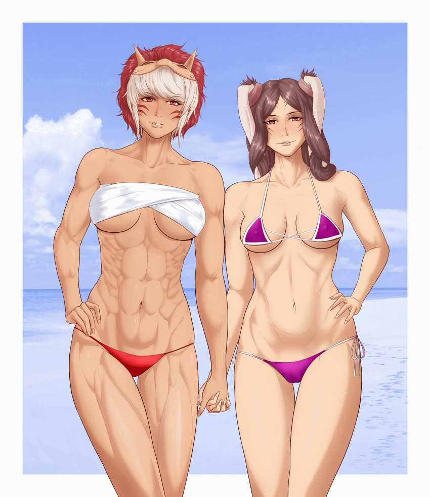 2girls abs alternate_costume animated bare_legs bikini bikini_bottom bottomless breasts brown_eyes brown_hair bunny_ears female_only female_pubic_hair fire_emblem fire_emblem_awakening fire_emblem_fates hand_holding humanoid long_hair looking_at_viewer mask_on_head medium_breasts micro_bikini multiple_girls muscular muscular_female navel nintendo niramoli oni_mask panne_(fire_emblem) partially_visible_vulva purple_bikini purple_swimsuit pussy red_bikini red_bikini_bottom red_eyes rinkah_(fire_emblem) sarashi short_hair sideboob smile string_bikini swimsuit taguel underboob undressing white_hair