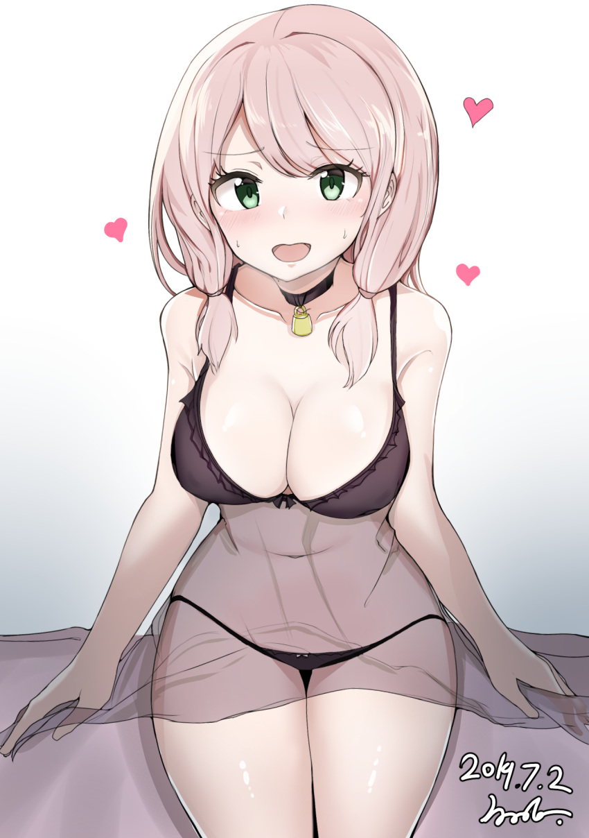 bang_dream! bell black_panties blush bra breasts choker cleavage facing_viewer green_eyes heart large_breasts low_twintails navel nightgown panties pink_hair see-through see-through_shirt supersexyhot sweat twintails uehara_himari underwear