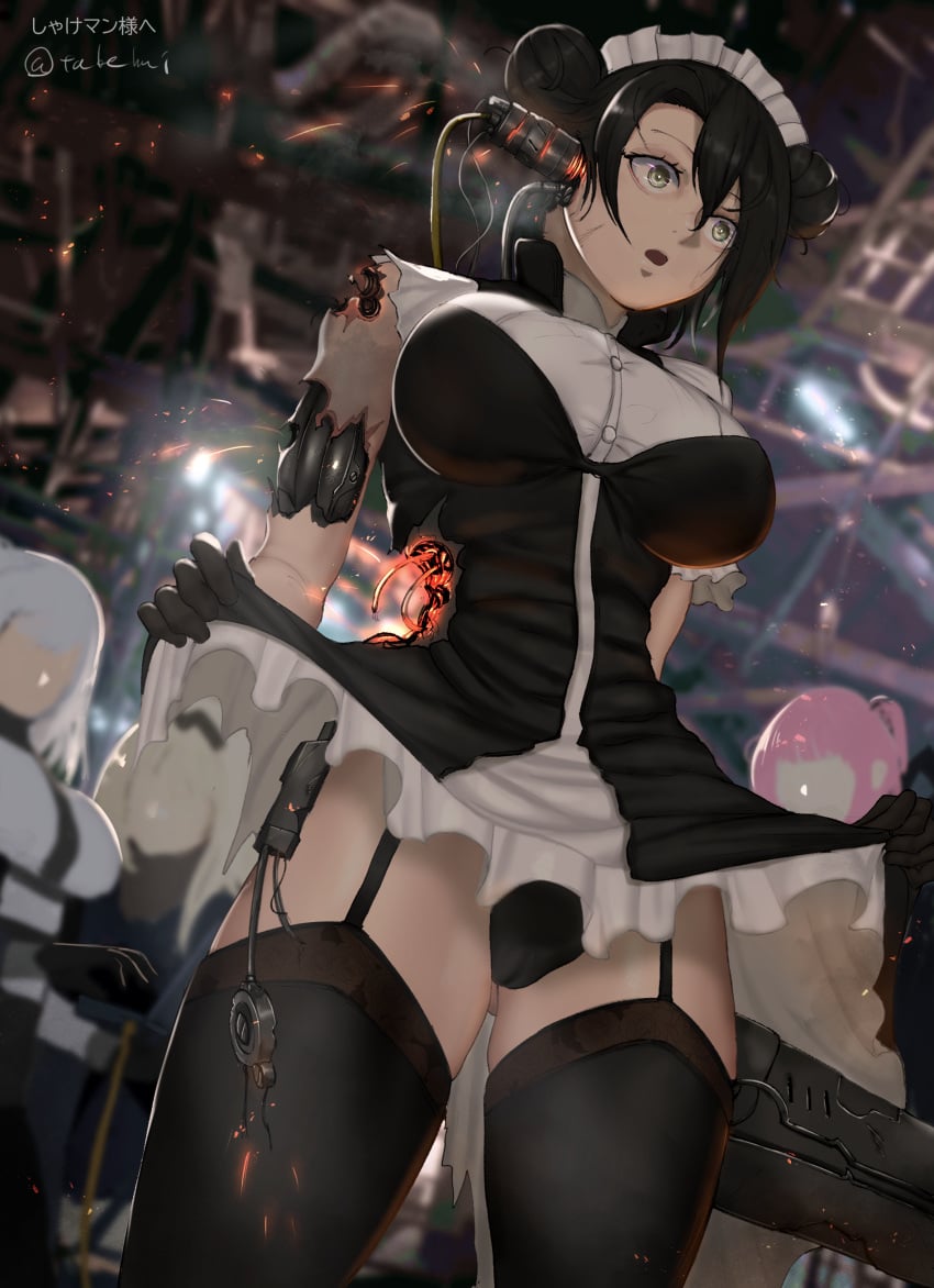 agent_(girls'_frontline) android big_breasts black_hair damaged girls'_frontline maid maid_headdress maid_uniform open_mouth panties robot_girl skirt_lift tagme takefu_jiin takehuxi