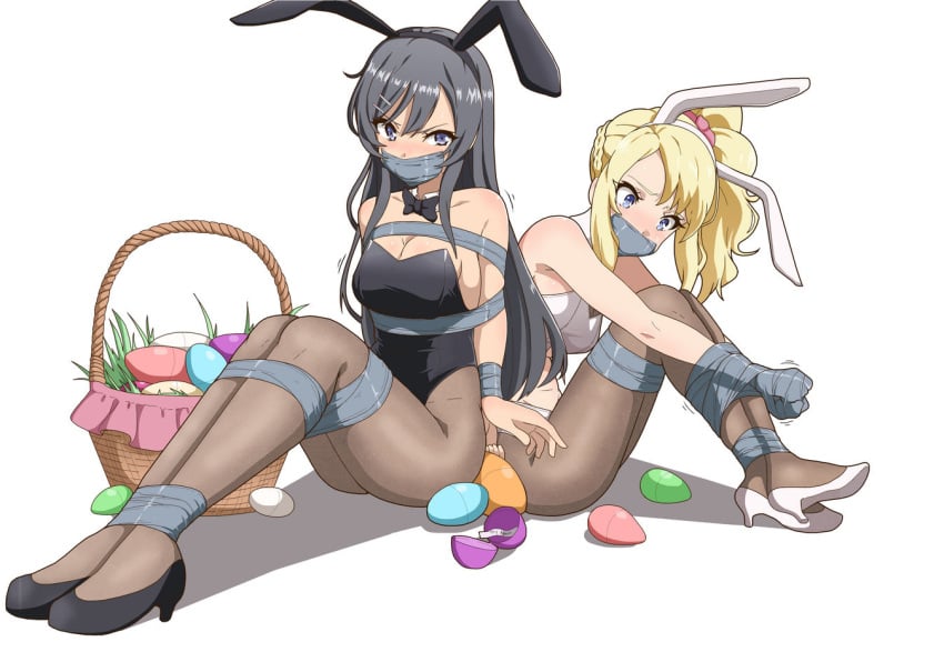 2girls angry arms_tied_behind_back black_bow black_footwear black_hair black_leotard blonde_hair blue_eyes bondage bound bound_ankles bound_legs bound_wrists bow bowtie bunny_ears cleavage easter_basket easter_egg edit fake_animal_ears female female_only femsub full_body gag gagged hairclip high_heels leotard long_hair looking_at_viewer multiple_girls multiple_subs pantyhose playboy_bunny sakurajima_mai seishun_buta_yarou_wa_bunny_girl_senpai_no_yume_wo_minai simple_background sitting strapless_leotard tape tape_bondage tape_gag taped_hands taped_mouth tiedtiki toyohama_nodoka v-shaped_eyebrows white_background white_footwear