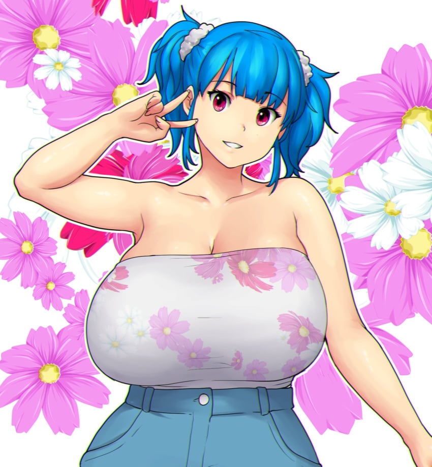 1girls bakunyuu bare_shoulders blue_hair bursting_breasts cleavage collarbone curvaceous enormous_breasts errorkazoo eyebrows_visible_through_hair female_focus fingernails floral_background floral_print flowers fully_clothed grey_skirt hair_ornament hair_scrunchie hand_sign hi_res high_resolution highres hourglass_figure huge_breasts looking_at_viewer massive_breasts no_bra original original_character outline overflowing_breasts pink_flower red_eyes rina_atherina rina_atherina_(errorkazoo) scrunchie short_hair showing_teeth single_female single_girl skirt smile smiling_at_viewer solo solo_female strapless strapless_dress top_heavy_breasts v_sign voluptuous white_flower white_hair_ornament white_scrunchie