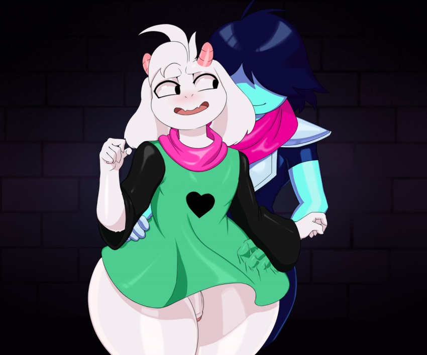 2boys anthro blue_body blue_skin boss_monster bottomless bovid caprine clothed clothing deltarune duo femboy flait fur genitals girly goat hair hair_over_eyes horn human humanoid_genitalia humanoid_penis imminent_sex kris_(deltarune) looking_back male male/male male_only mammal penis ralsei robe scarf smile thick_thighs undertale undertale_(series) video_games white_body white_fur wide_hips