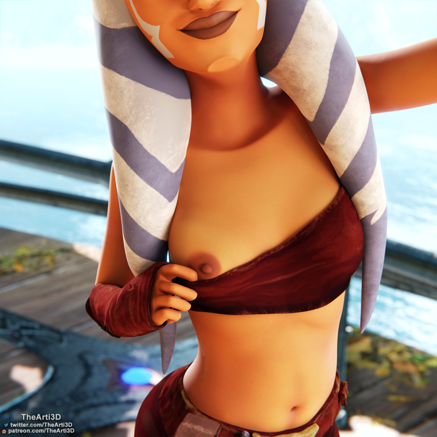 1girls 3d ahsoka_tano airress3d_(3d-modeller) alien alien_girl armwear artist_name athletic_female background belt beltskirt big_lips breasts clone_wars clothed clothed_female clothing clothing_aside day facial_markings female female_only flashing happy kashyyyk lips navel nipple orange_skin outdoors patreon_username red_clothing science_fiction sea seaside selfie shirt skirt small_breasts smile solo standing star_wars stomach tentacle tentacle_hair the_clone_wars:_season_seven thearti3d togruta tubetop twitter_username url vambraces