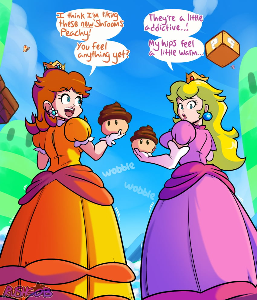 2023 2girls big_breasts blonde_hair blue_eyes blue_sky breasts clothing clouds crown earrings female female_only gobrush gobrushgob gobrushrush long_hair mario_(series) mouth multiple_girls mushroom nintendo open_mouth orange_hair outdoors power_up princess_daisy princess_peach rushgob standing super_mario_bros. text text_bubble white_skin yellow_hair