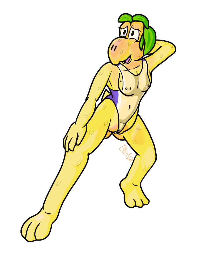 alpha_channel anthro blush bodily_fluids body_blush clothing female footwear genital_fluids genitals green_hair hair hi_res koopa koopa_troopa lendri_mujina mario_(series) mario_and_luigi_(series) nintendo nipple_outline pussy pussy_blush pussy_juice scalie shell-less shoes solo stretching_legs sweating_profusely swimwear tight_clothing tongue tongue_out transparent_background troopea video_games yellow_body yellow_skin