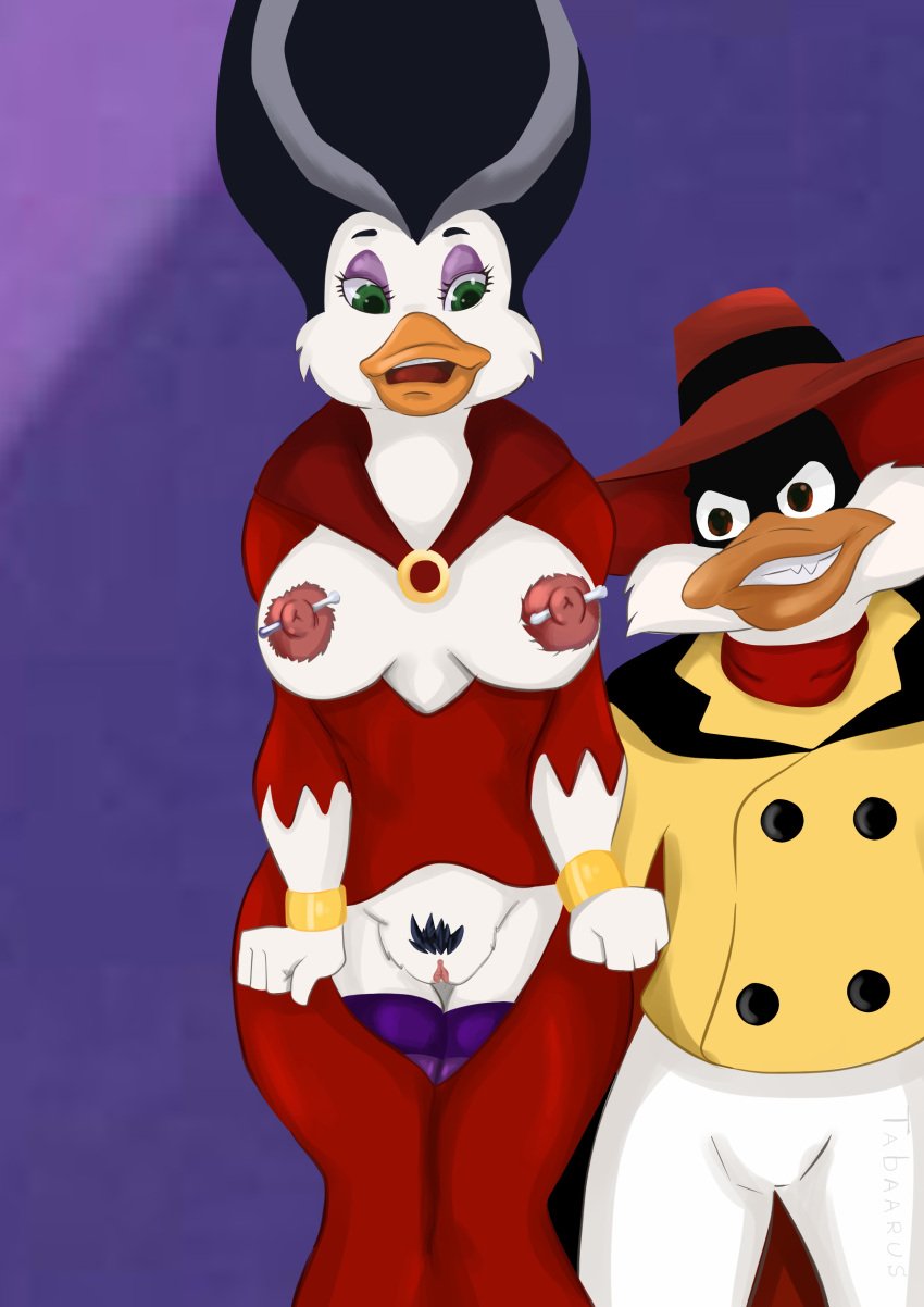 absurd_res anatid anseriform anthro avian beak bird bondage breasts clothing darkwing_duck disney dress duck duo female genitals green_eyes hair hi_res legwear male male/female morgana_macawber multicolored_hair negaduck nipples pussy red_clothing red_dress tabaarus teeth tights two_tone_hair