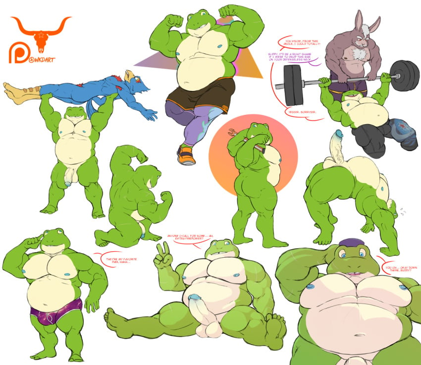 anthro avian balls bird boner bulge erection falco_lombardi falcon gay hare lifting_person male male_only multiple_views nintendo penis peppy_hare slippy_toad spread_legs star_fox toad weightlifting wkd