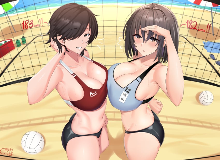 2girls beach breasts castell cleavage female_only hair_over_one_eye madoka_(terasu_mc) marushin_(denwa0214) miki_(marushin) multiple_girls original original_character original_characters outdoors short_hair sports_bra sportswear standing symmetrical_docking terasu_mc tomboy volleyball