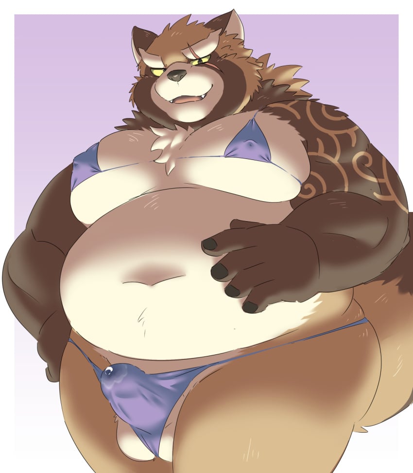 2022 anthro balls belly big_belly bikini black_nose bodily_fluids brown_body bulge canid canine clothed clothing crossdressing cum cum_in_clothing cum_through_clothing erection erection_under_clothing genital_fluids genitals gyobu hi_res humanoid_hands kemono lifewonders male male_only mammal moobs navel overweight overweight_male ptcmtr raccoon_dog solo swimwear tanuki tattoo tokyo_afterschool_summoners video_games wet wet_clothing