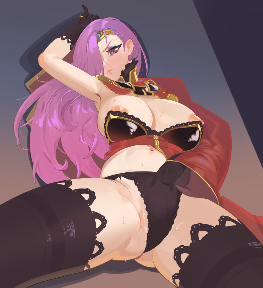 1girls angry armpits ass_visible_through_thighs bare_thighs black_panties breasts breasts_out cleavage eyeshadow female female_only fire_emblem fire_emblem_echoes:_shadows_of_valentia frown gloves large_breasts long_hair makeup nintendo nipples on_back panties pink_eyes pixxel purple_hair red_eyes solo sonya_(fire_emblem) spread_legs thick_thighs thighhighs thighs very_long_hair