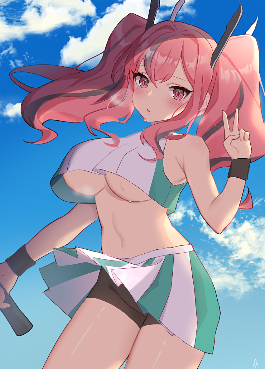 absurdres azur_lane bike_shorts black_shorts blue_sky blush breasts bremerton_(azur_lane) bremerton_(scorching-hot_training)_(azur_lane) cloud crop_top crop_top_overhang day female highres holding holding_racket large_breasts long_hair looking_at_viewer midriff mole mole_under_eye multicolored_hair navel no_bra no_panties outdoors pink_eyes pink_hair pn_(wnsl216) racket shirt shorts shorts_under_skirt sky sleeveless sleeveless_shirt solo sportswear streaked_hair sweat sweatband symbol-only_commentary tennis_racket tennis_uniform twintails two-tone_shirt two-tone_skirt underboob v wristband