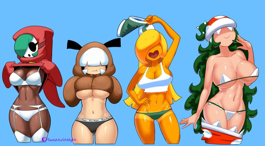 2022 4_eyes 4girls absurd_res arm_up artist_name ass_visible_through_thighs bikini black_panties blonde_hair blue_background brown_clothing cleavage clothes_writing crop_top dark-skinned_female dark_skin dress dress_pull fangs female female_only garter_belt goomba goomba_girl green_eyes green_hair green_panties hair_over_eye hand_on_hip hat heart-shaped_mouth highres holding_clothing hoodie hoodie_lift huge_breasts koopa koopa_girl large_breasts long_hair looking_at_viewer looking_down mario_(series) mask medium_breasts messy_hair micro_bikini minus8 multiple_girls muscular muscular_female navel nintendo open_mouth panties piranha_plant piranha_plant_girl polka_dot polka_dot_dress red_clothing shaded_face short_hair shorts shorts_removed shy_gal shy_gal_red shy_guy simple_background skindentation sleeveless sleeveless_shirt smile spikes standing strapless strapless_bikini swimsuit tan tank_top tanline tanlines text thick_thighs thighhighs thighs tight_clothing tongue underboob underwear undressing url very_long_hair watermark white_bikini white_bra white_hair wide_hips yellow_skin zettai_ryouiki