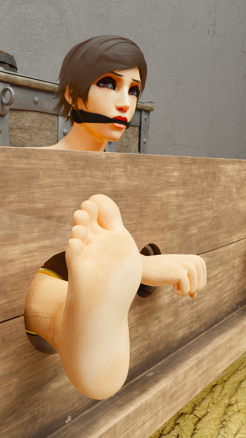 3d barefoot bondage brown_hair feet female femsub foot_focus gag gagged miriilandra_chaeihre nude pillory short_hair sitting slave slavegirl uwsnorkelcat