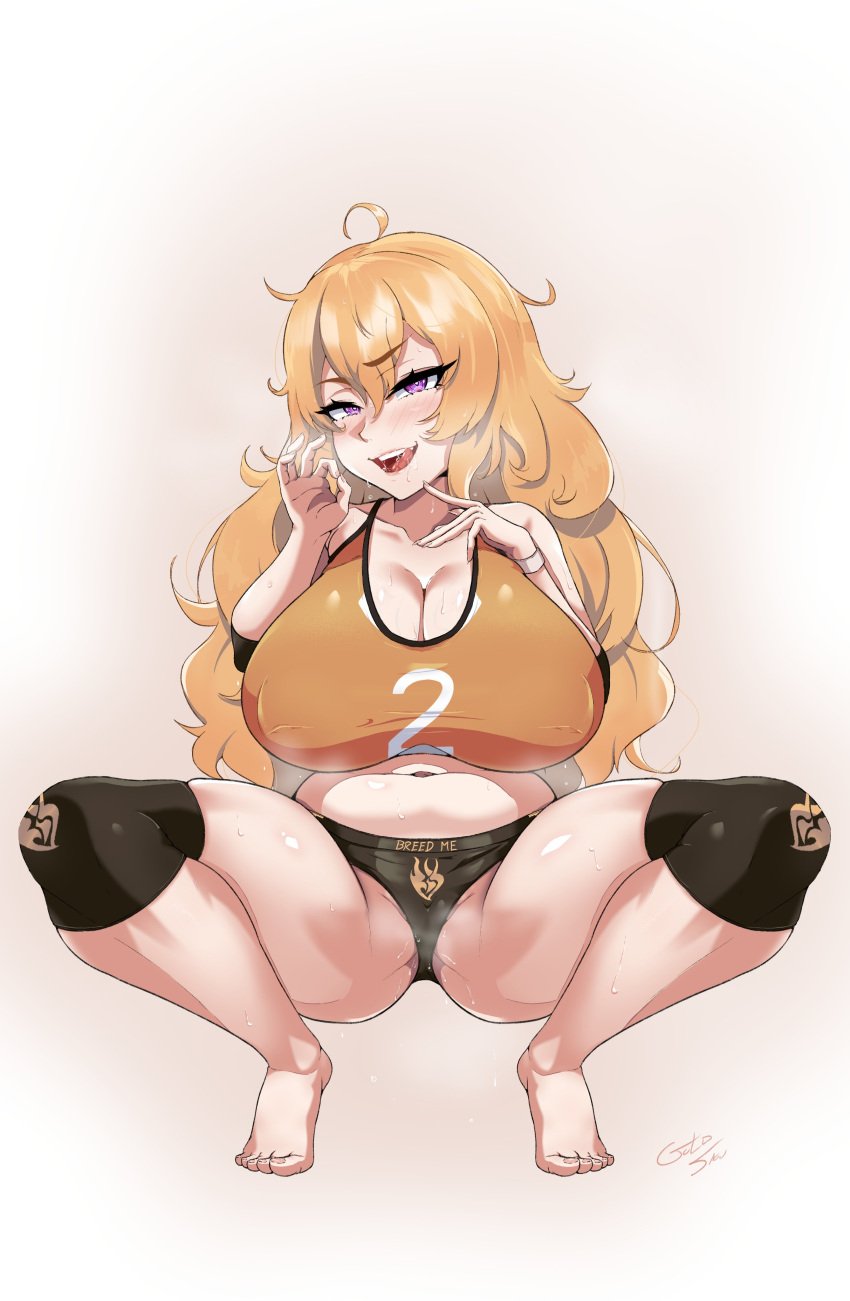 1girls b1ackgoldsaw big_breasts blush borrowed_design breasts eye_contact feet female female_focus female_only huge_breasts long_hair looking_at_viewer nipple_bulge oral_invitation pink_eyes rwby solo squatting sweat sweatdrop thick_thighs thighs yang_xiao_long