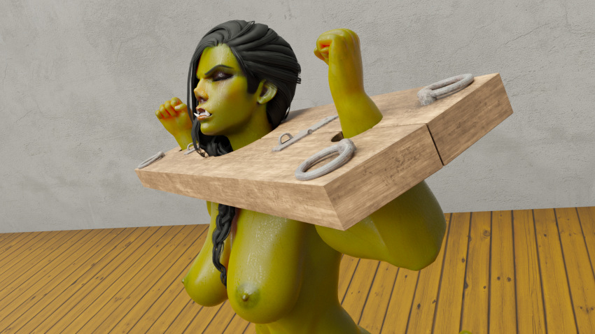 3d angry black_hair bondage bora_ugrum breasts captured female female_focus female_only femsub green_skin half-orc muscular muscular_female muscular_sub nude nude_female orc orc_female pillory slave slavegirl stockings sweat teeth_clenched teeth_showing tusks uwsnorkelcat