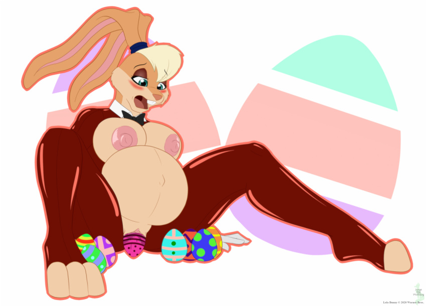 anthro bedroom_eyes big_breasts blush bodily_fluids breasts clothed clothing digital_media_(artwork) easter female genitals hair half-closed_eyes holidays jorge-the-wolfdog lagomorph leggings legwear leporid lola_bunny looney_tunes mammal narrowed_eyes neck_bow nipples open_mouth orgasm playboy_outfit pregnant pussy rabbit revealing_outfit seductive simple_background smile solo space_jam topless warner_brothers