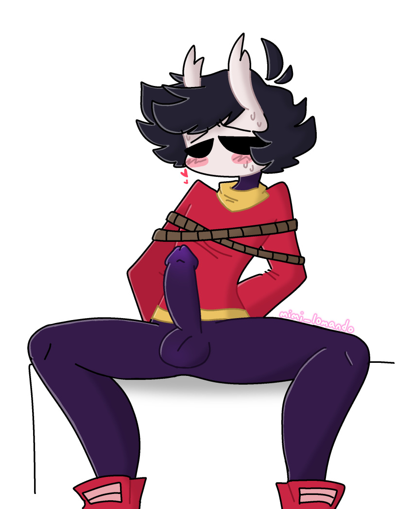 1boy black_body black_hair blush bondage bottomless clothing embarrassed erection foekoe hollow_knight humanoid male male_only penis raku_sarvin rope_bondage shoes sitting spread_legs sweat tied_up youtube youtuber