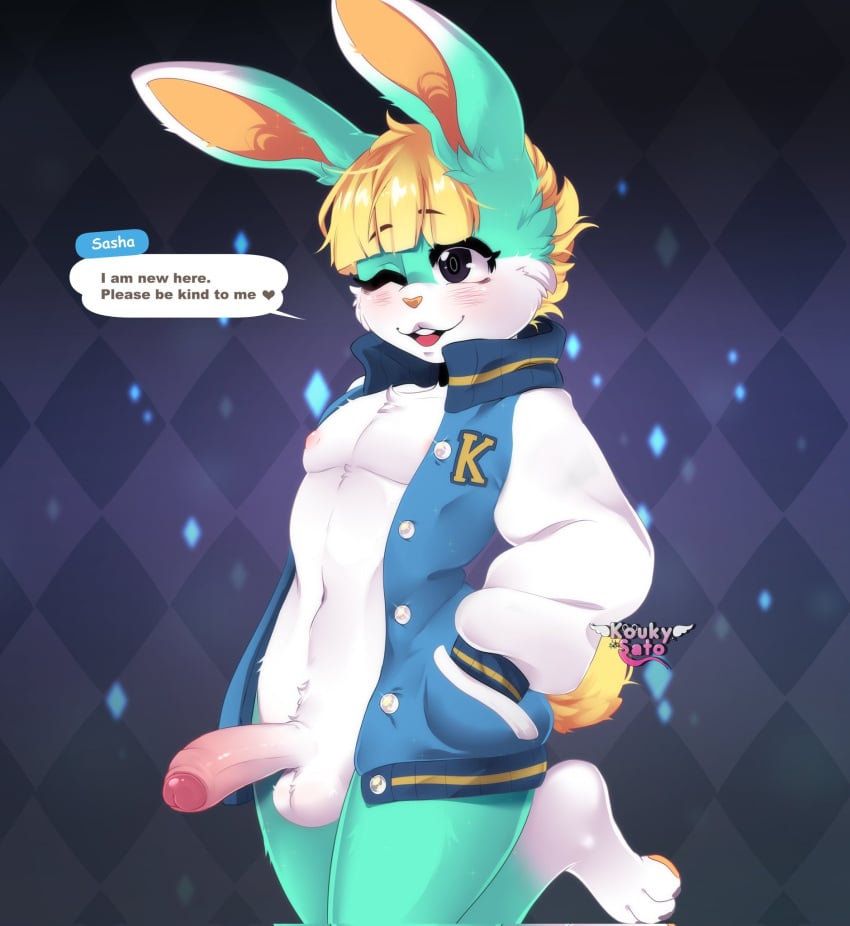 2021 animal_crossing anthro balls blush clothing dialogue digital_media_(artwork) english_text femboy fur genitals girly green_body green_fur hi_res jacket koukysato lagomorph leporid male mammal nintendo one_eye_closed open_mouth penis rabbit sasha_(animal_crossing) simple_background smile solo text topwear video_games