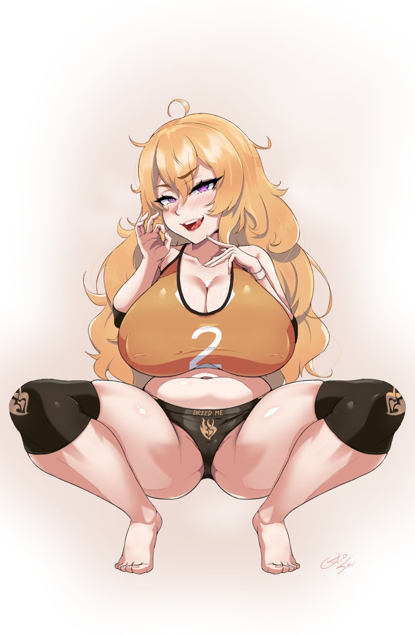 1girls b1ackgoldsaw big_breasts blush borrowed_design breasts eye_contact feet female female_focus female_only huge_breasts long_hair looking_at_viewer nipple_bulge oral_invitation pink_eyes rwby solo squatting sweat sweatdrop thick_thighs thighs yang_xiao_long