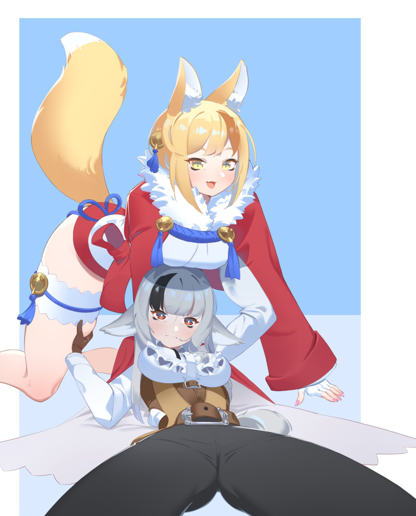 2girls all_fours bare_legs blonde_hair breasts female female_only fire_emblem fire_emblem_fates fox_girl grey_hair kitsune medium_breasts medium_hair multiple_girls nintendo pixxel red_eyes selkie_(fire_emblem) short_hair smile velouria_(fire_emblem) wolf_girl yellow_eyes